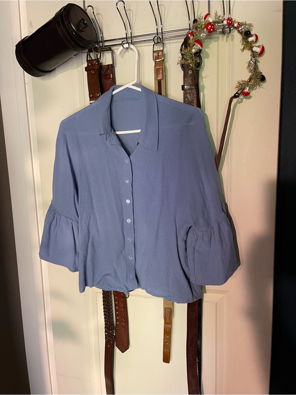Blue Button-down Peplum Sleeve Top 100% Cotton